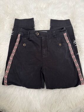 Anthropologie Black Ankle Pants with Pink Embroidered Side Trim